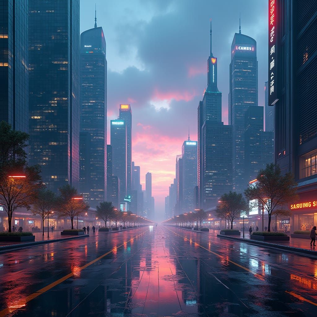 Futuristic Samsung Cityscape at Dusk in Cyberpunk Style