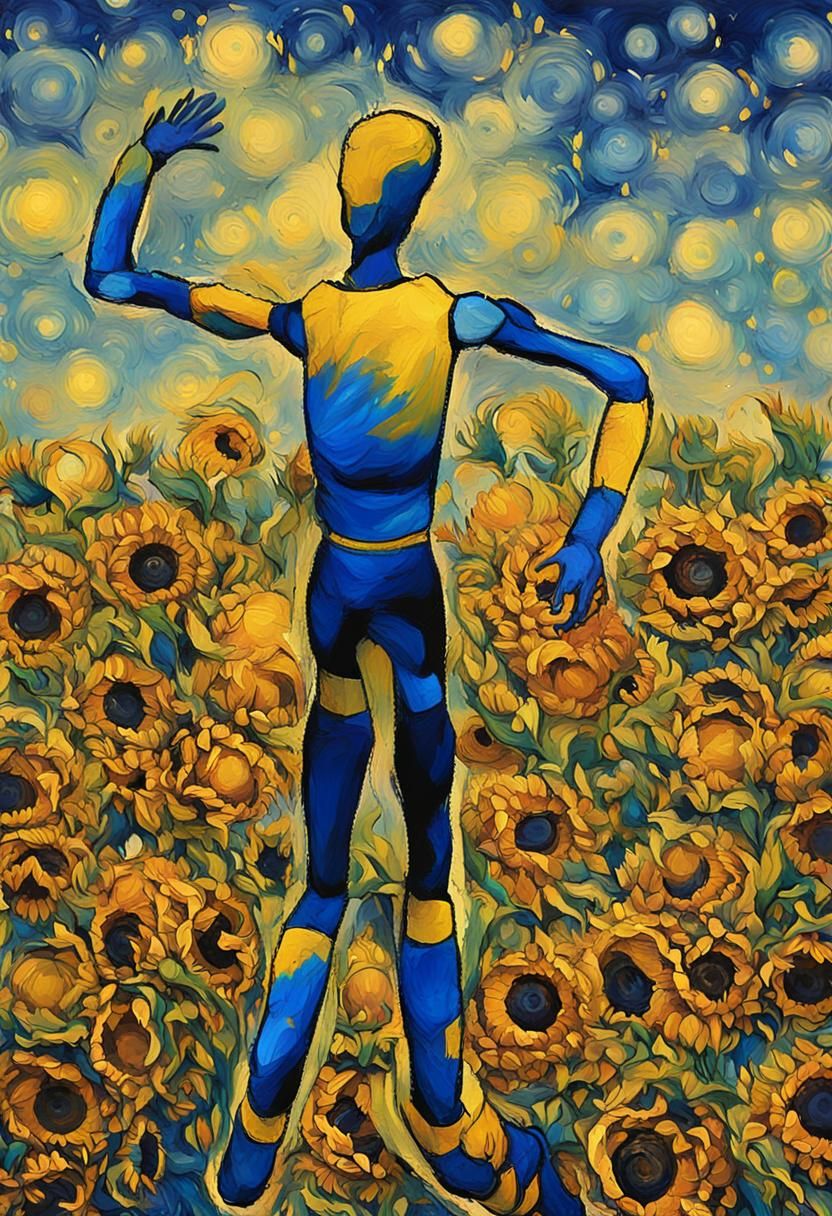 Figure Leaping Over Sunflowers in Impressionist Style