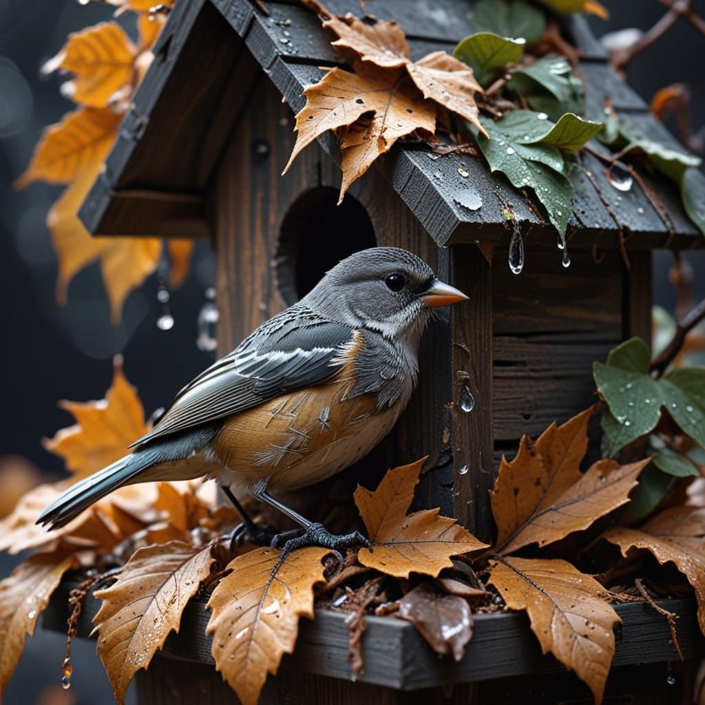 Monochrome Birdhouse Crafted from Decaying Leaves