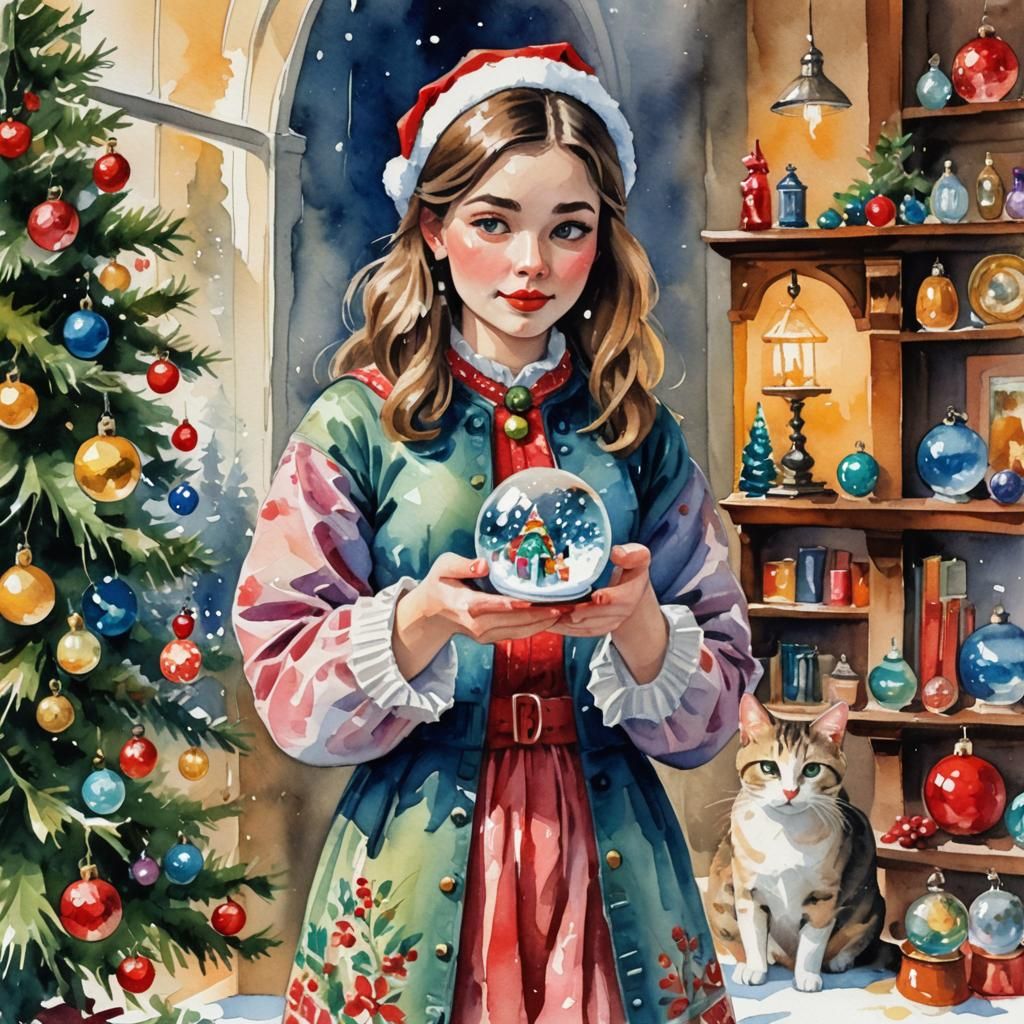 Vintage Watercolor of Woman with Snow Globe