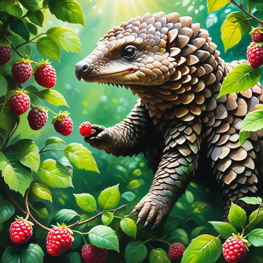 Pangolin Nurturing Raspberries in Surreal Oil Painting
