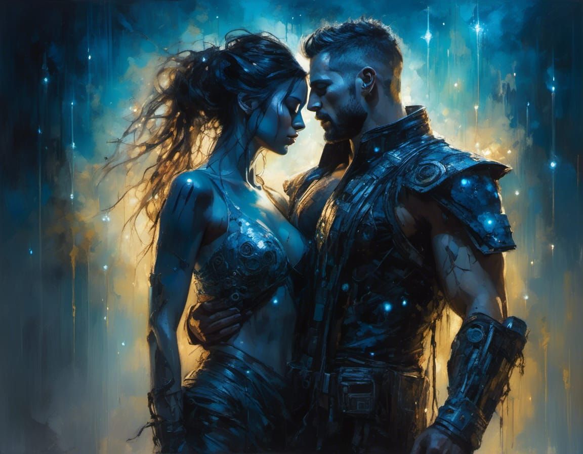 Futuristic Cyborg Embrace in Dystopian Neon Landscape