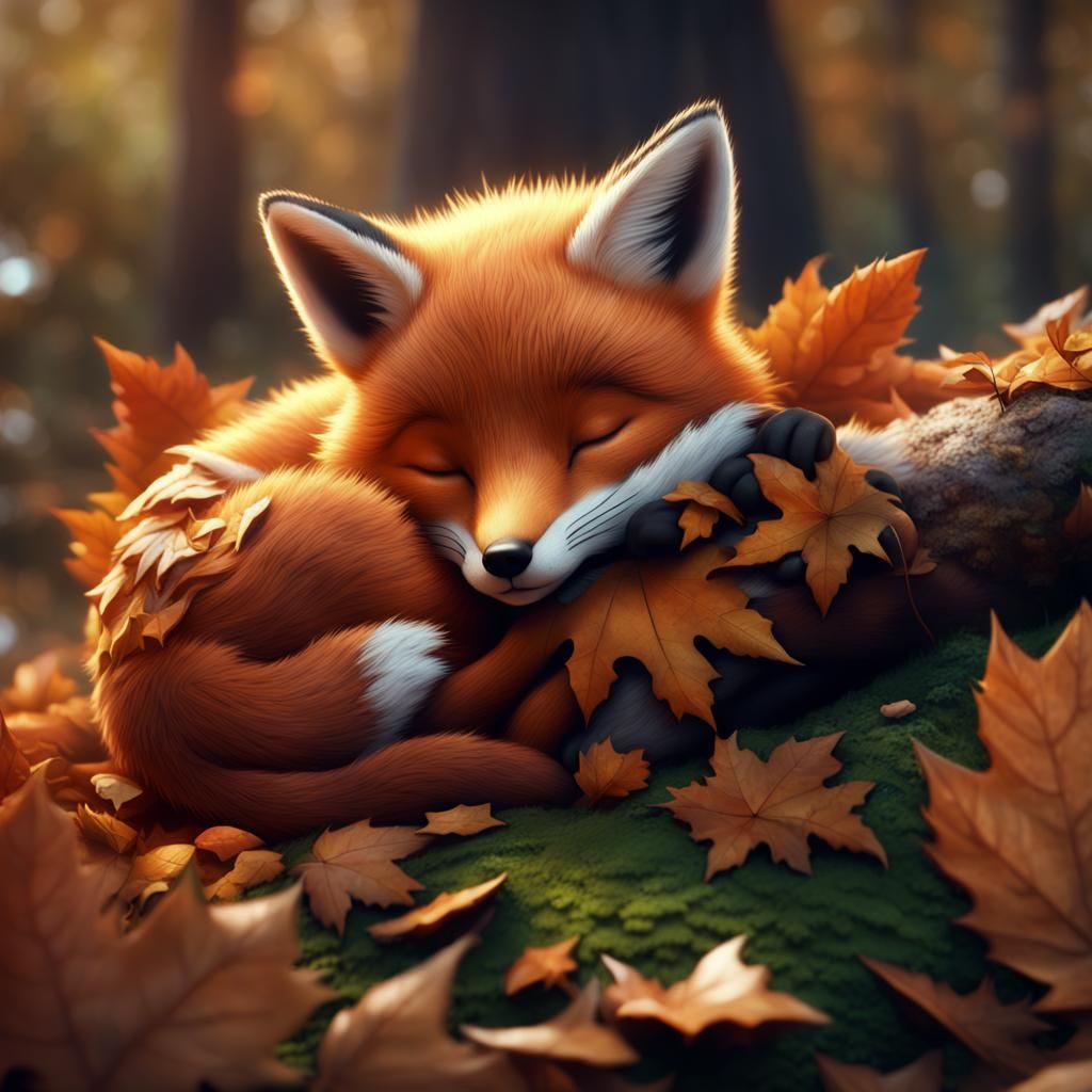 Cute Fox Pup Asleep in Autumn Leaves