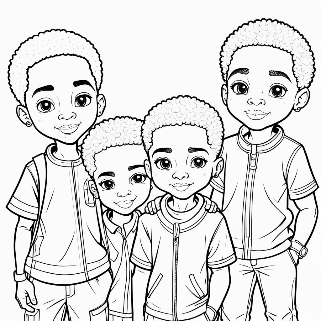 Detailed Cartoon Line Art of African American Boys