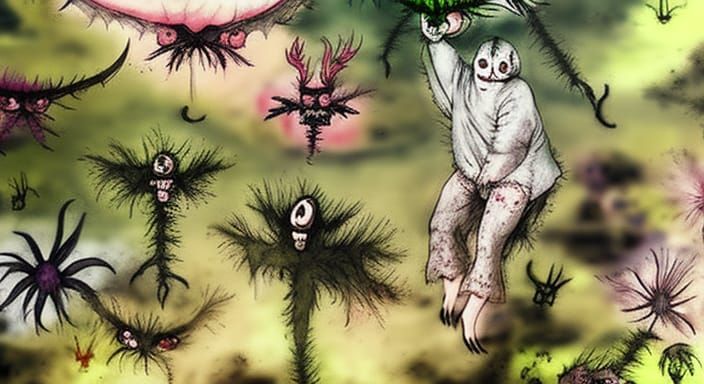 Cryptid in Floral Meadow: Ink Illustration