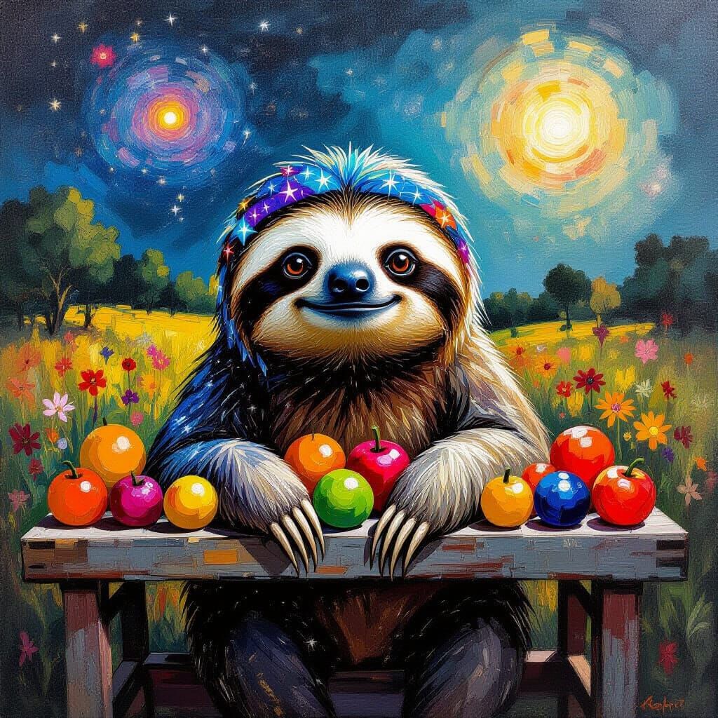 Sloth with Constellation Hair at Farmstand, Impasto Oil Pain...