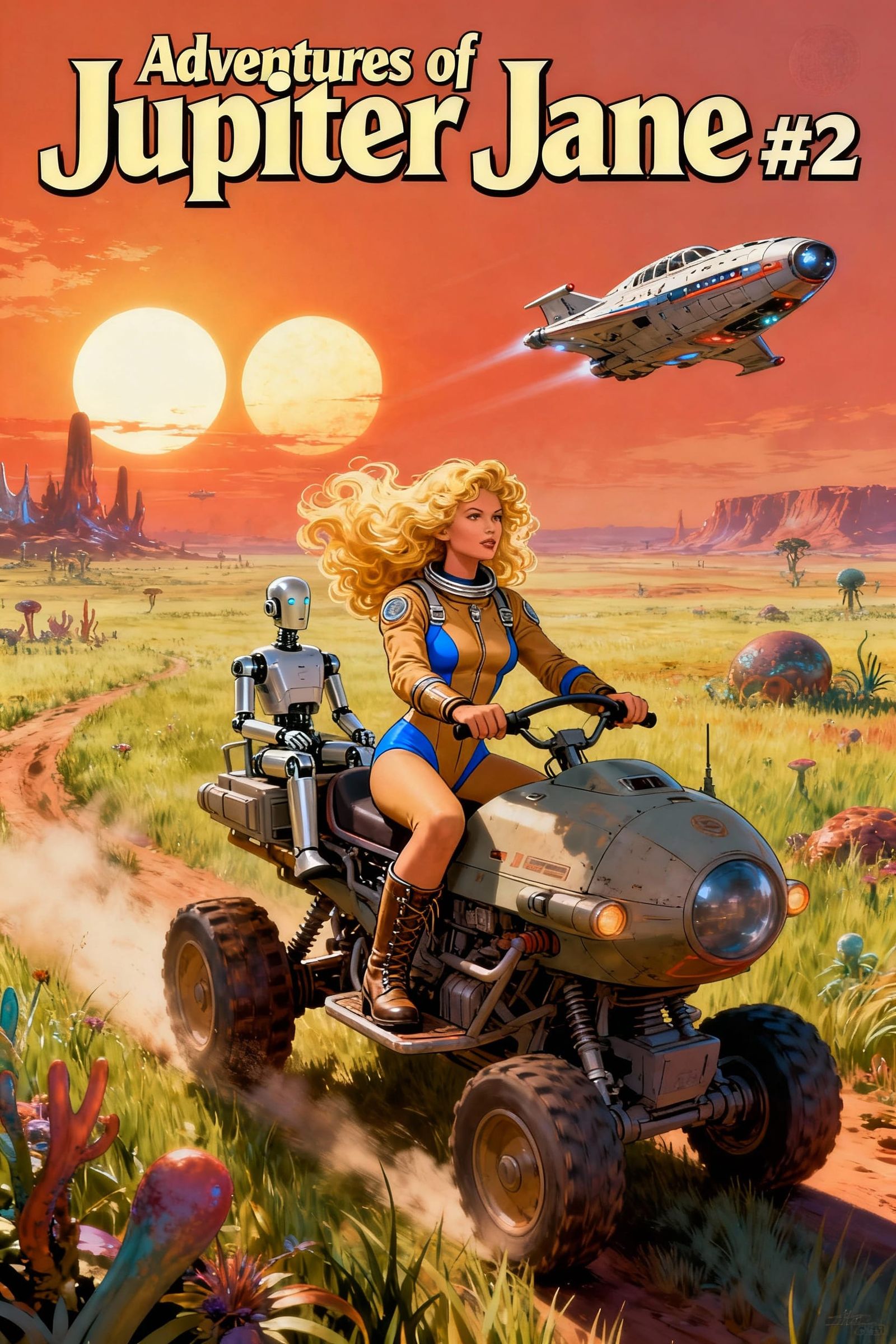 Retro Sci-Fi Space Woman Drives Land Walker Under Twin Suns