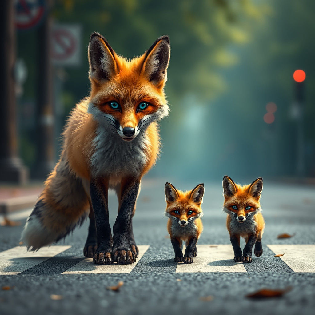 Fox Family Street Crossing in Detailed Matte Style