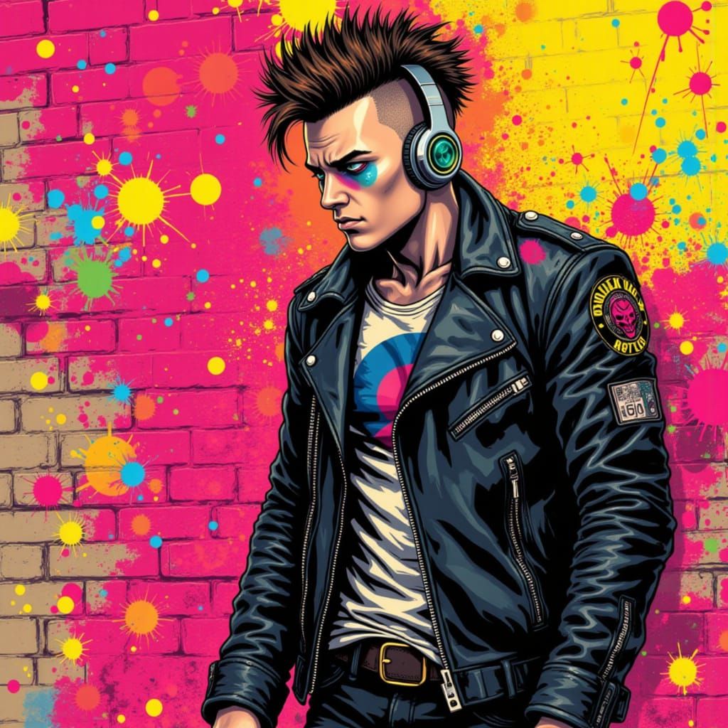 Rough Portrait of Man in Motorcycle Jacket Against Brick Wal...