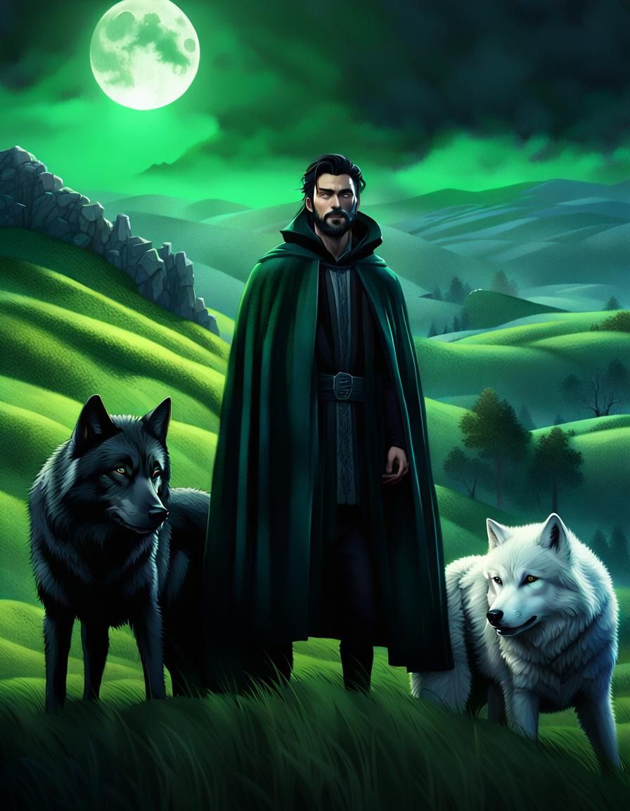 Man with Wolves in Moody Fantasy Landscape