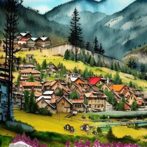 Colorful Alpine Village in Watercolor Style