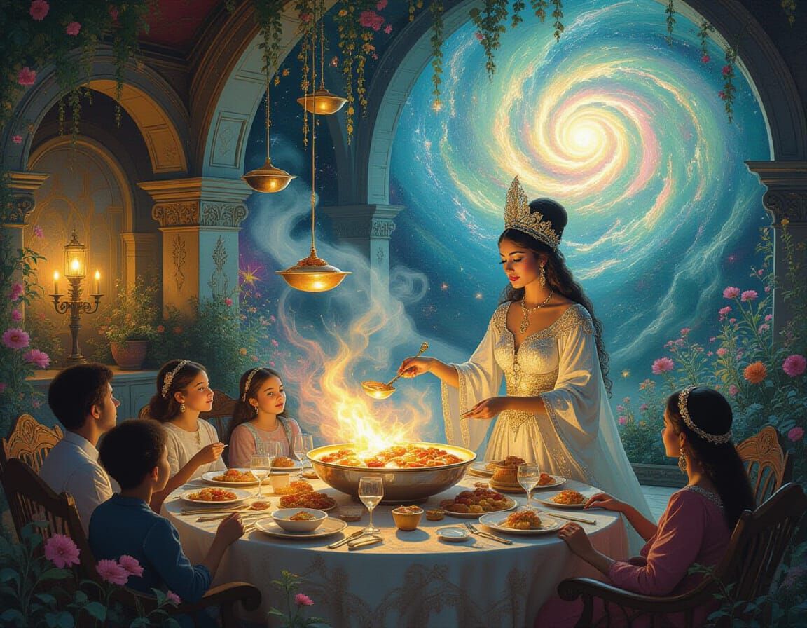 Magical Feast Prepared by Ethereal Worker in Surreal Style