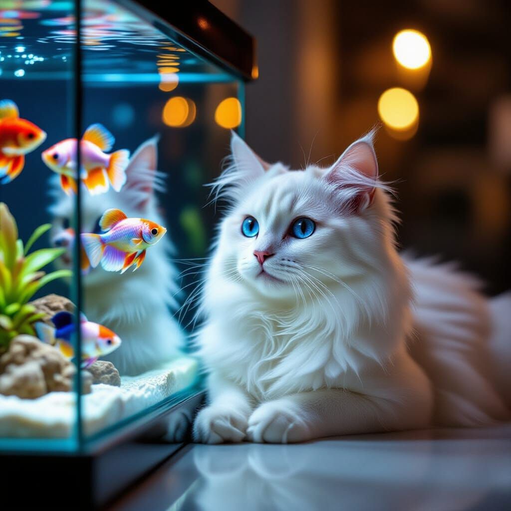 Majestic White Cat Gazes at Vibrant Aquarium