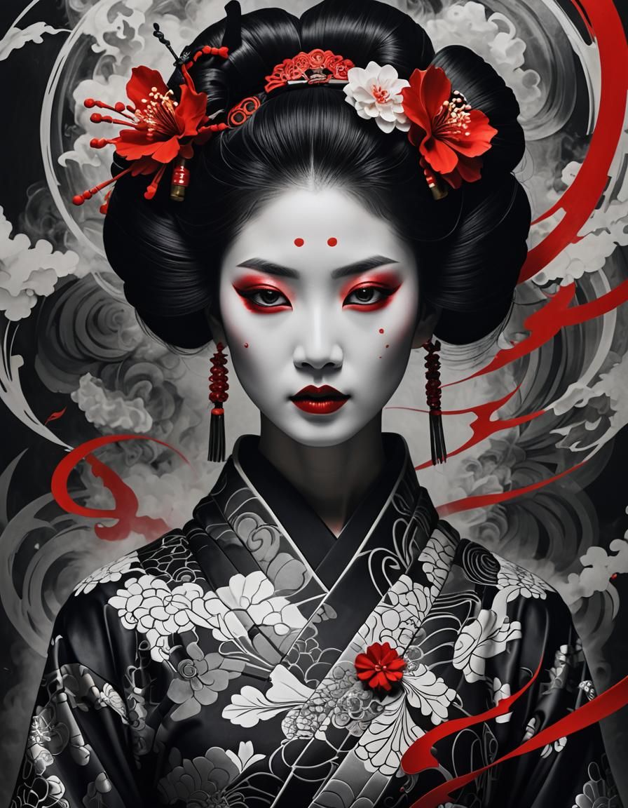 Monochrome Geisha Portrait with Ink Swirls as 3D Render