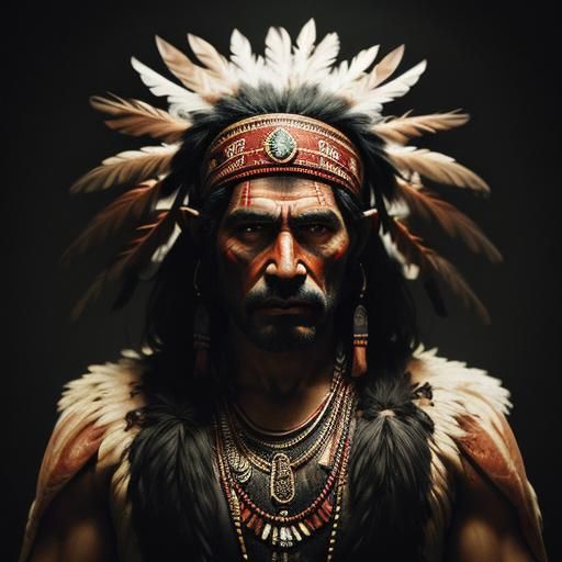 Vibrant Portrait of Indigenous Man with Feathered Headdress