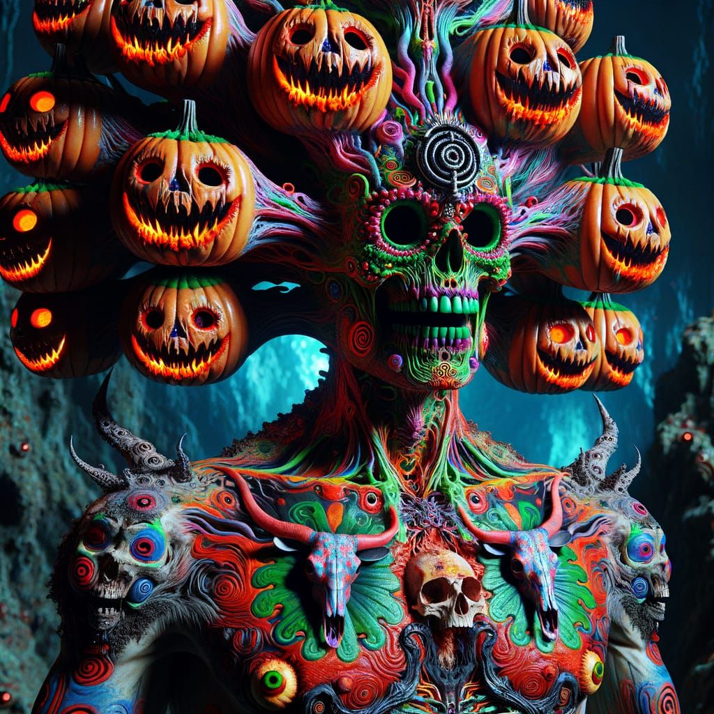 Psychedelic Pumpkin-Headed Creature in Coral Reef Setting
