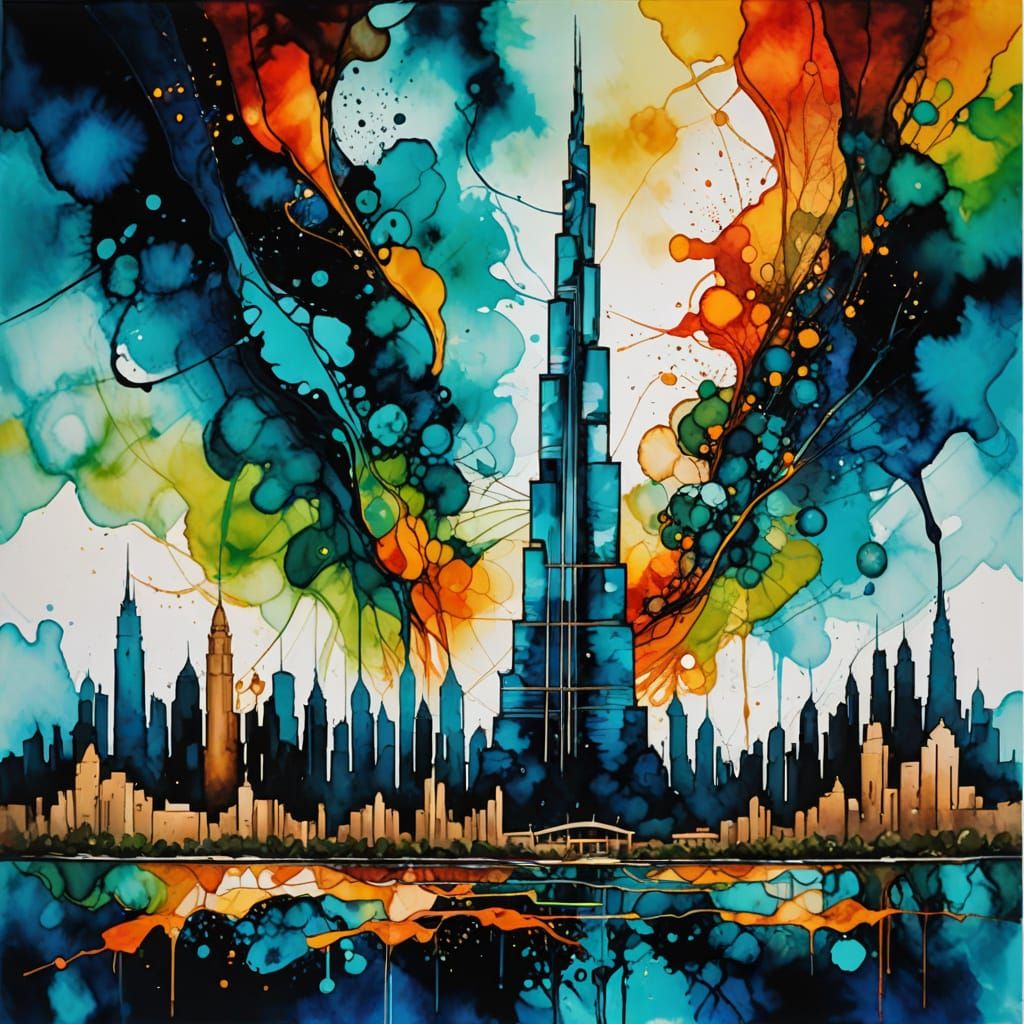 Vibrant Alcohol Ink Art of Burj Khalifa with Bold Lines