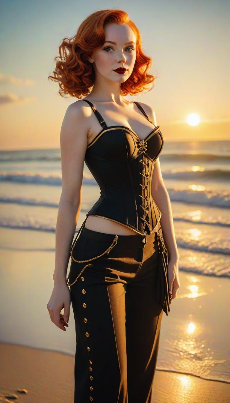 Pin-Up Woman on Beach at Golden Hour, Art Deco Style
