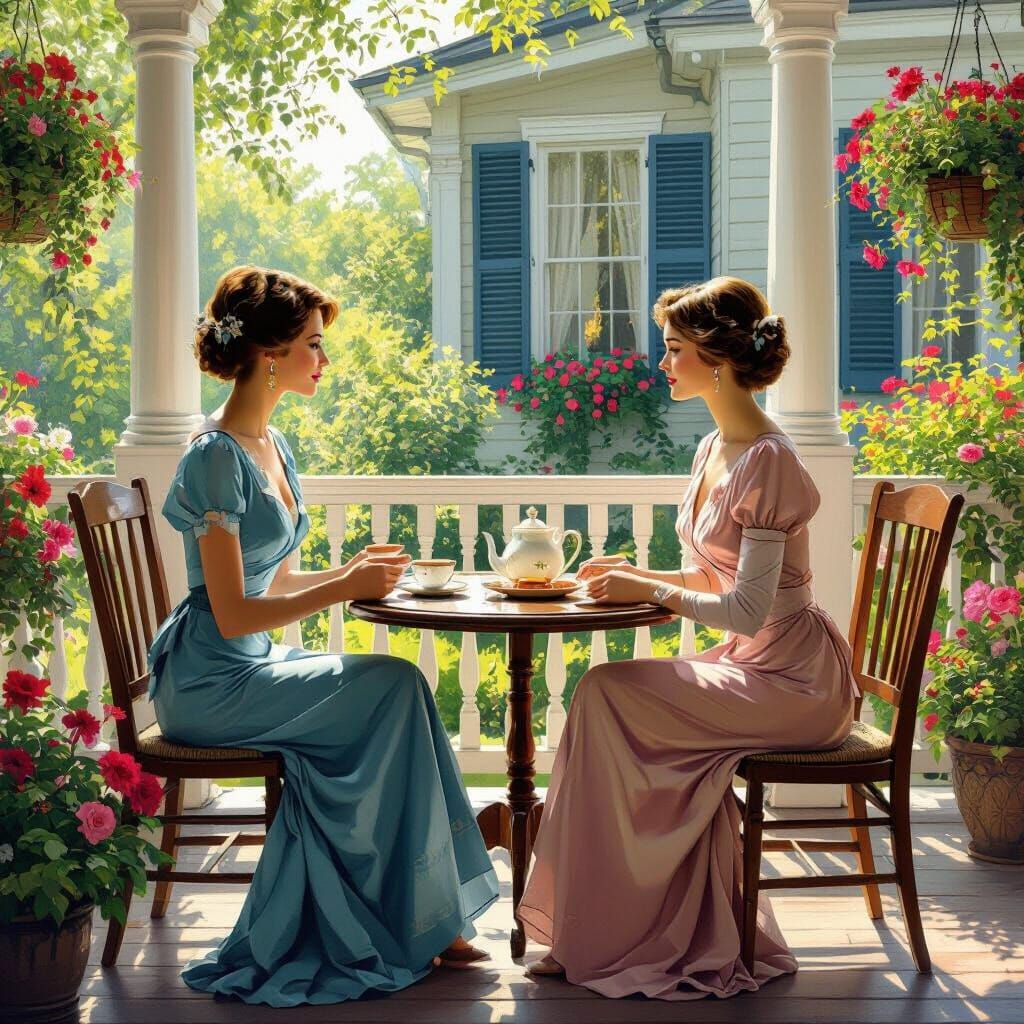 Vintage Tea Time: Two Women on a Sunny Veranda