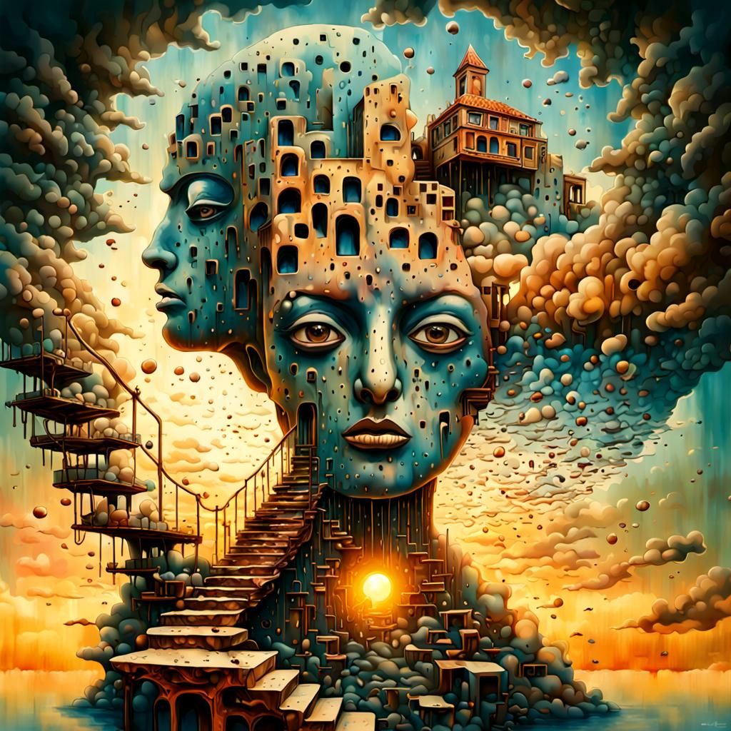 Surreal Dreamscape with Watersplash and Impossible Stairway