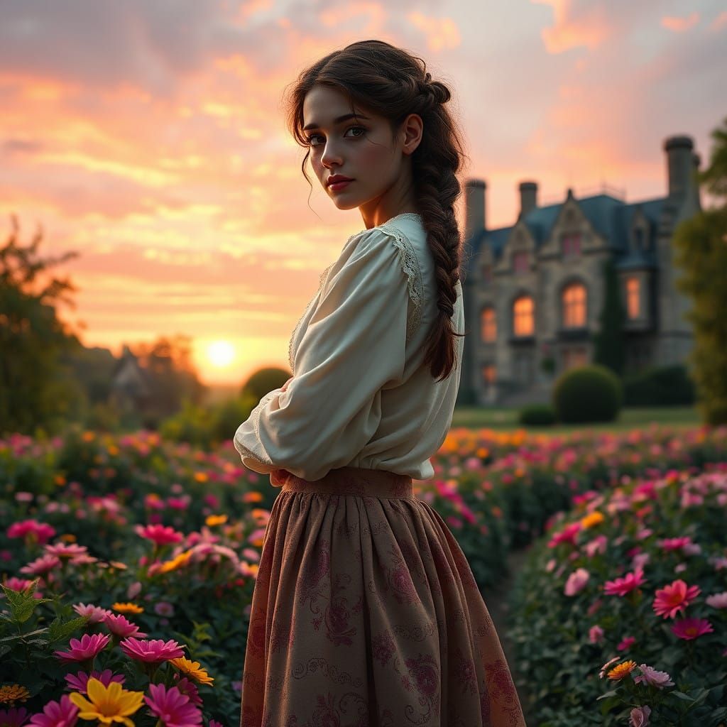 Elegant Young Woman in Whimsical English Garden Setting