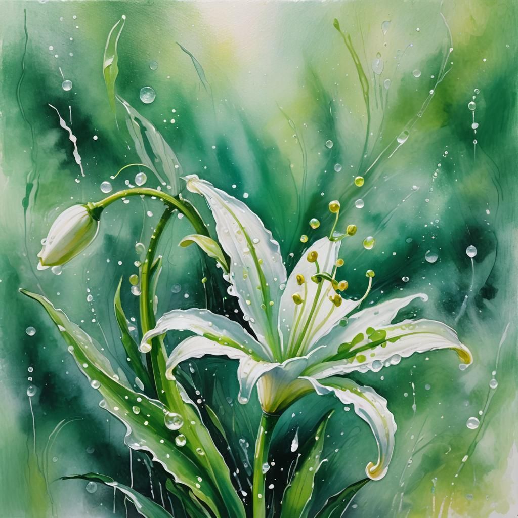 "watercolor drawing in green ink, dripping paint, extreme close-up macro, one beautiful white flower of a white lily of ...