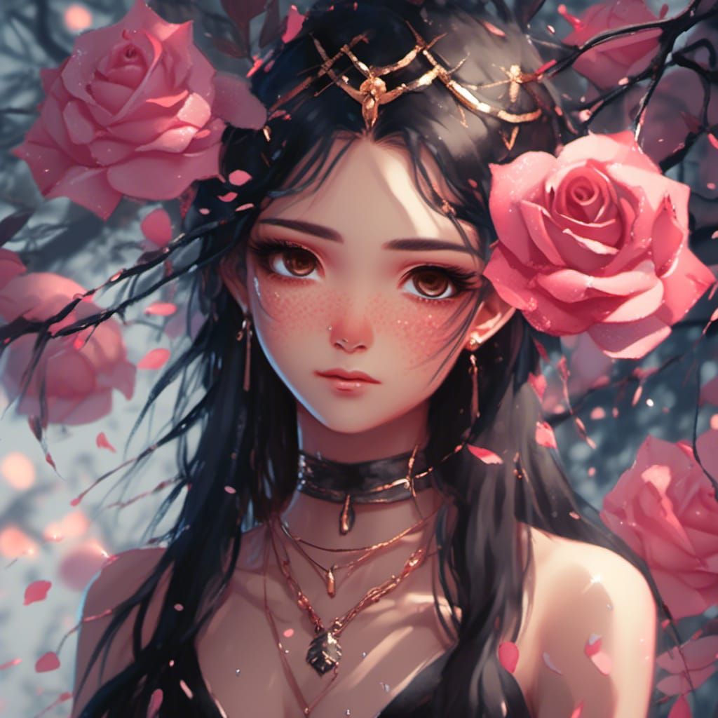 Sad Woman Portrait with Rose Thorns in Anime Style