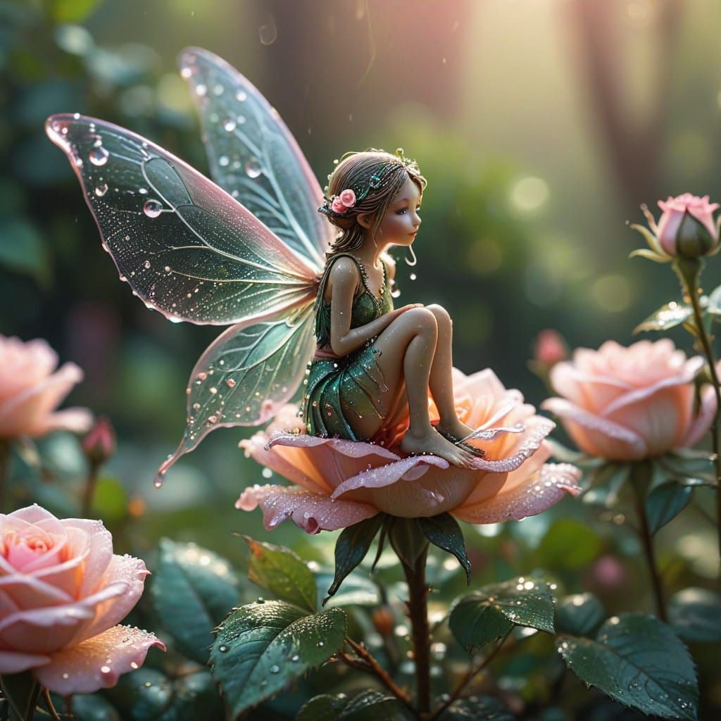 Whimsical Fairy on Dewy Rose in Fisheye Lens