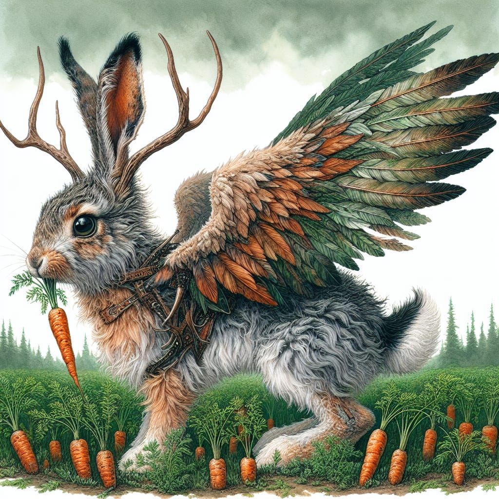 Mystical Winged Hare Nibbling Carrot in Watercolor Style