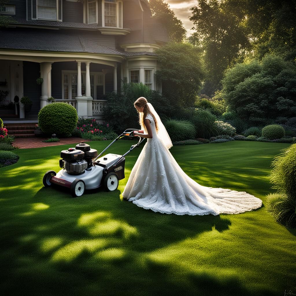 Girl in Wedding Dress Mowing Lawn