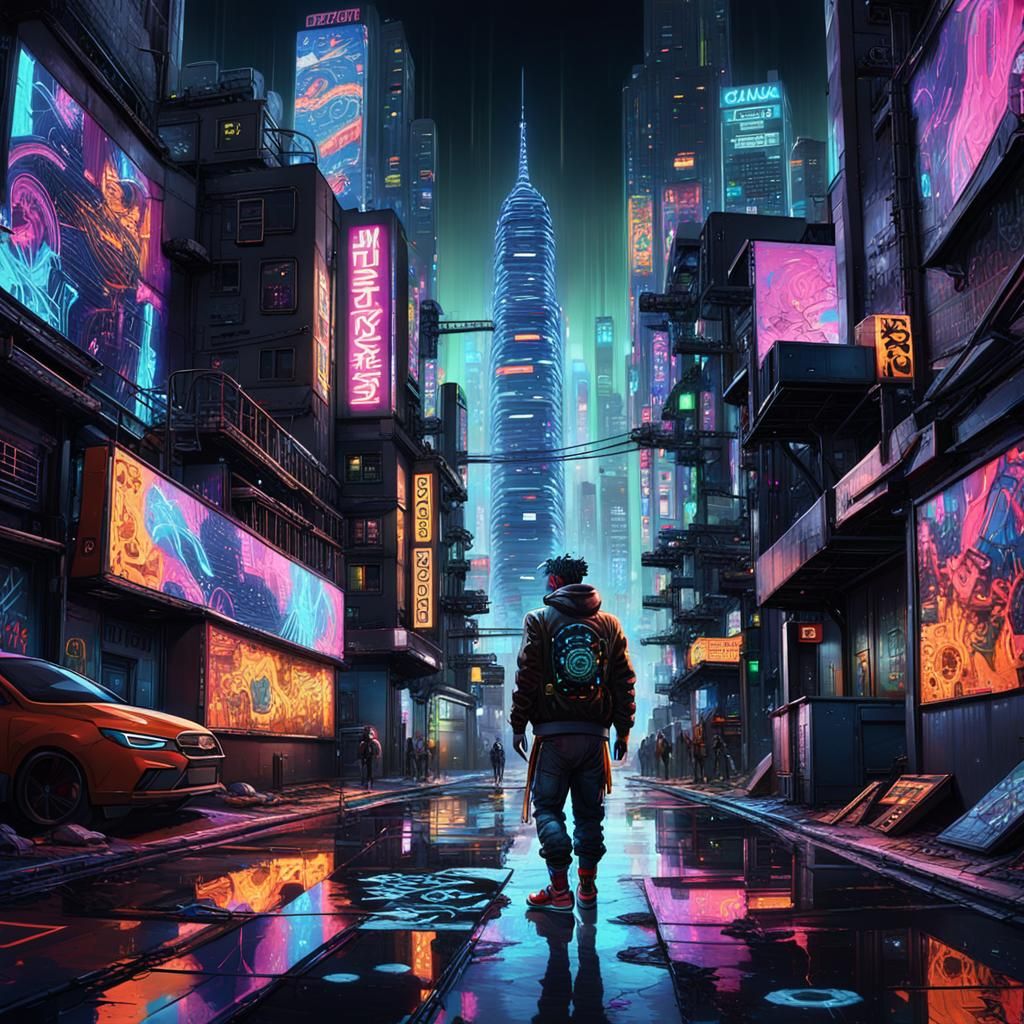 Cyberpunk Street Artist at Night