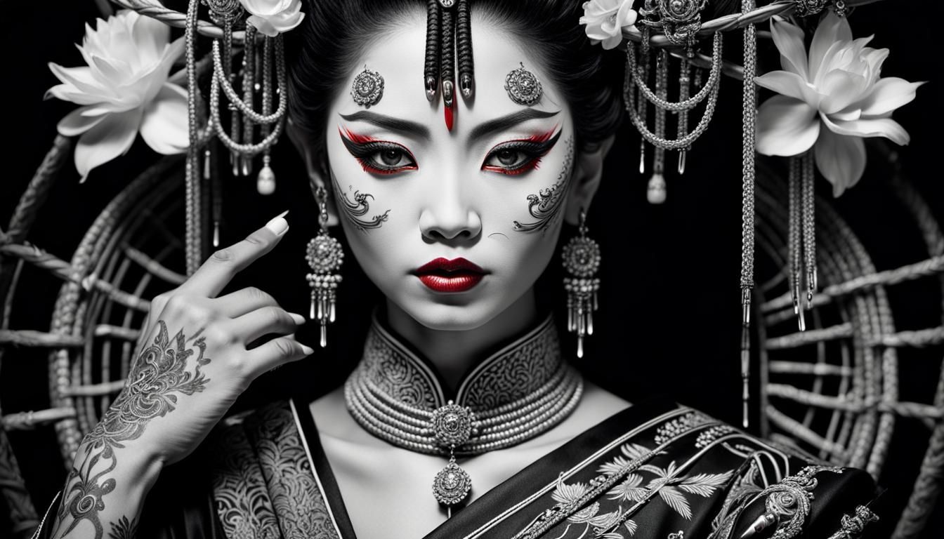 Thai Geisha with Barbed Wire Crown in Neon Fantasy Art