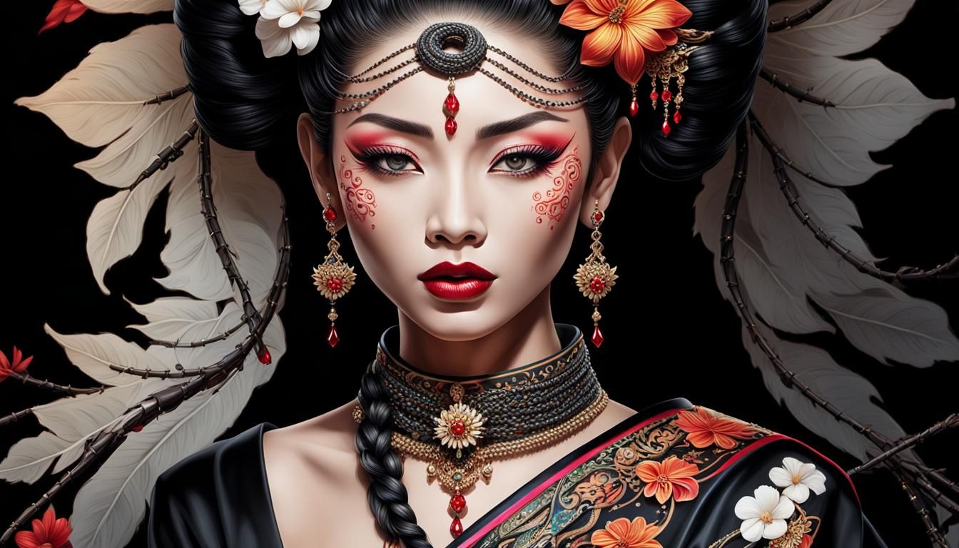 Thai Geisha with Barbed Wire Crown: Digital Portrait