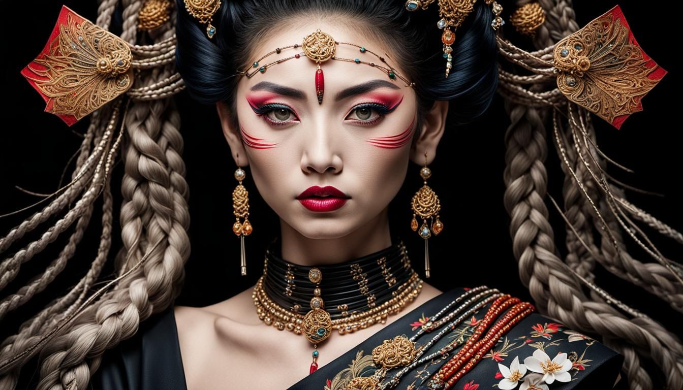 Thai Geisha Portrait with Tattoos in Hyperrealistic Style