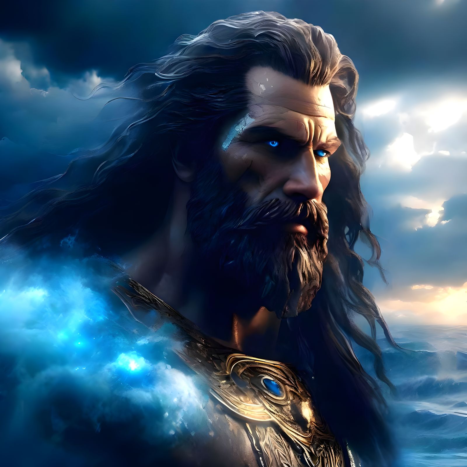 Giant Titan with Glowing Eyes Above the Clouds