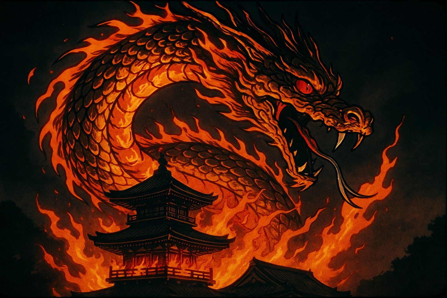 Golden Dragon Engulfs Temple in Cel-Shaded Style