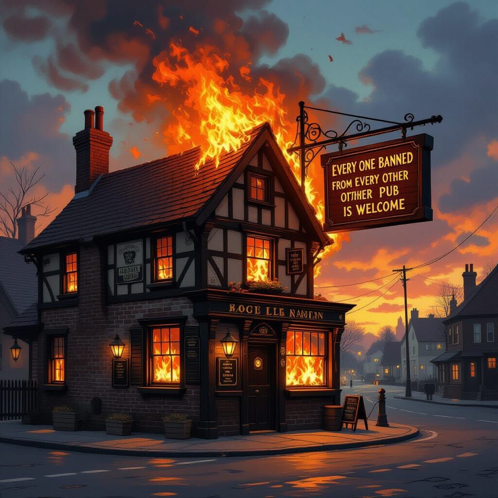 Pub 'THE DOG' Catches Fire: Nostalgic Dystopian Art