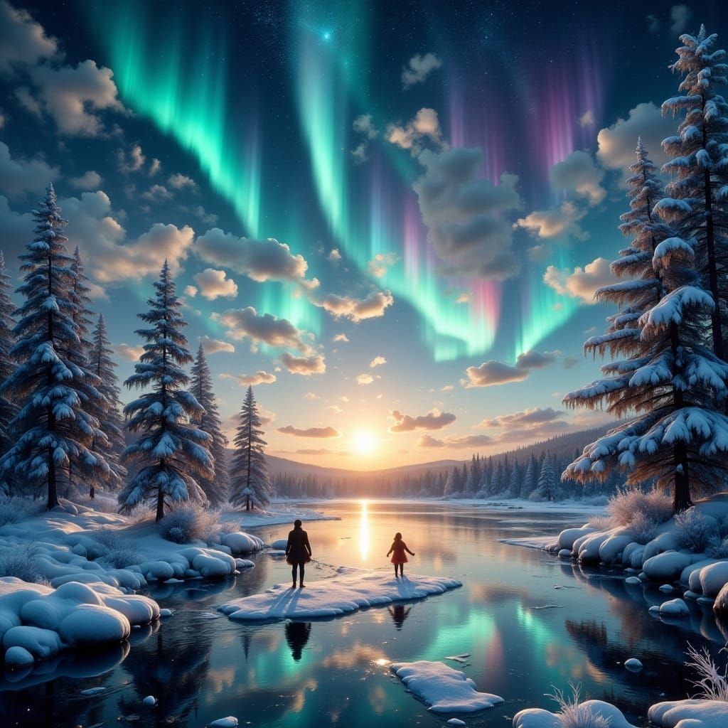 Winter Dusk Aurora Over Frozen Lake