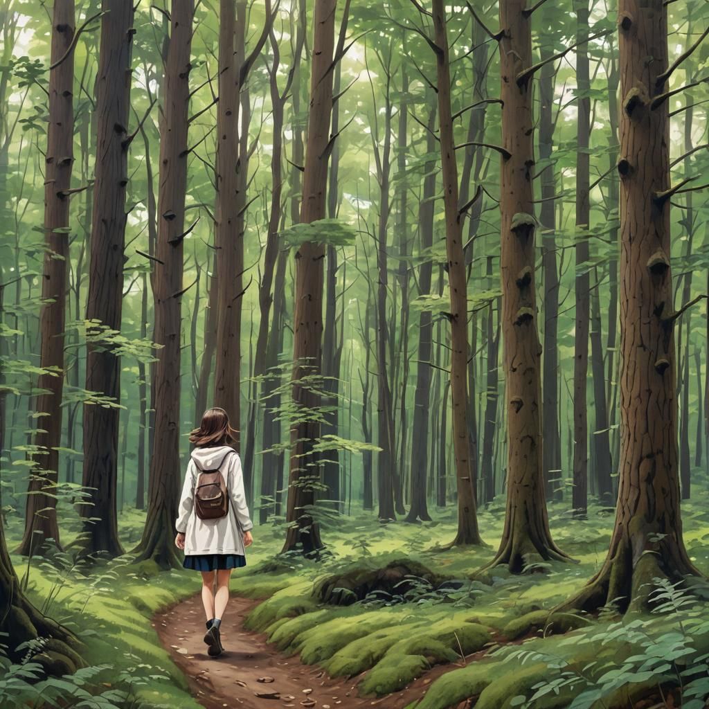 Woman Walking in a Lush Forest Landscape