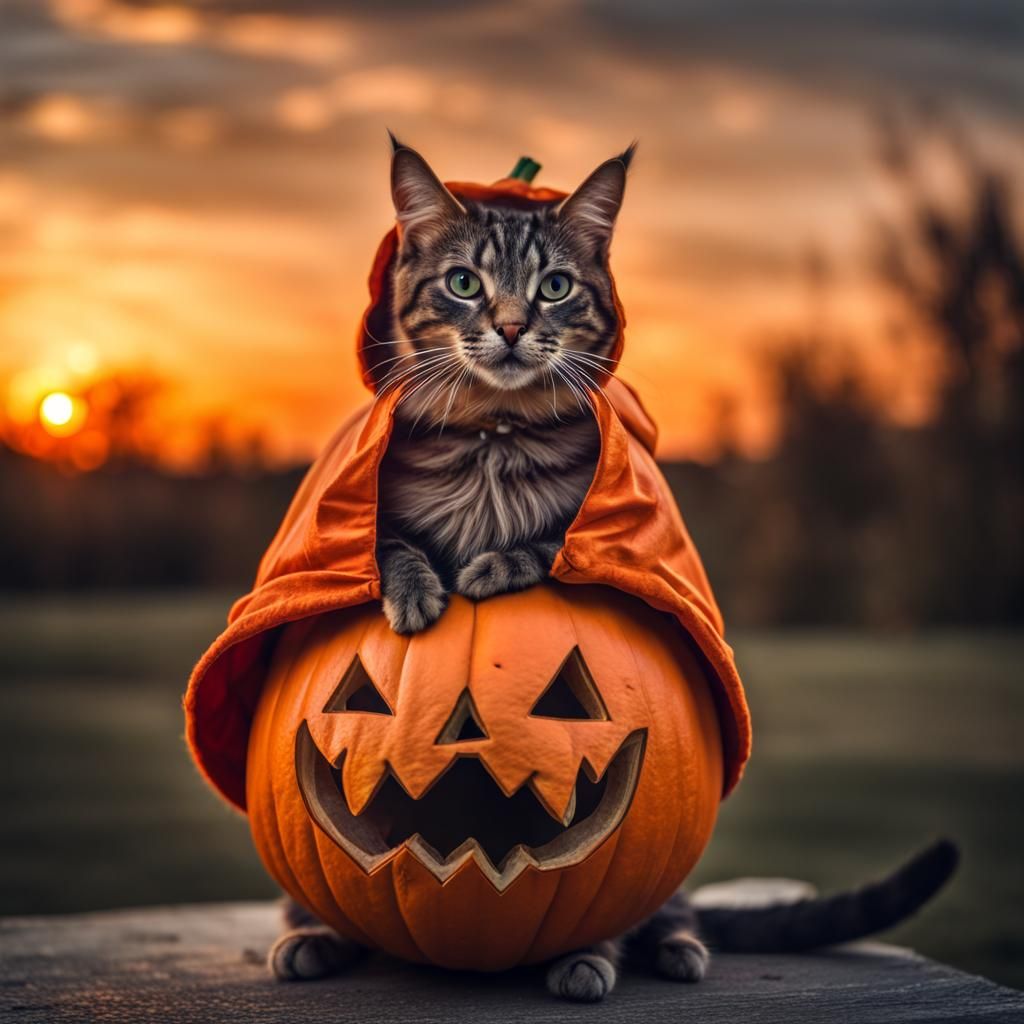 Cat in Pumpkin Costume at Sunset, Hyperrealistic