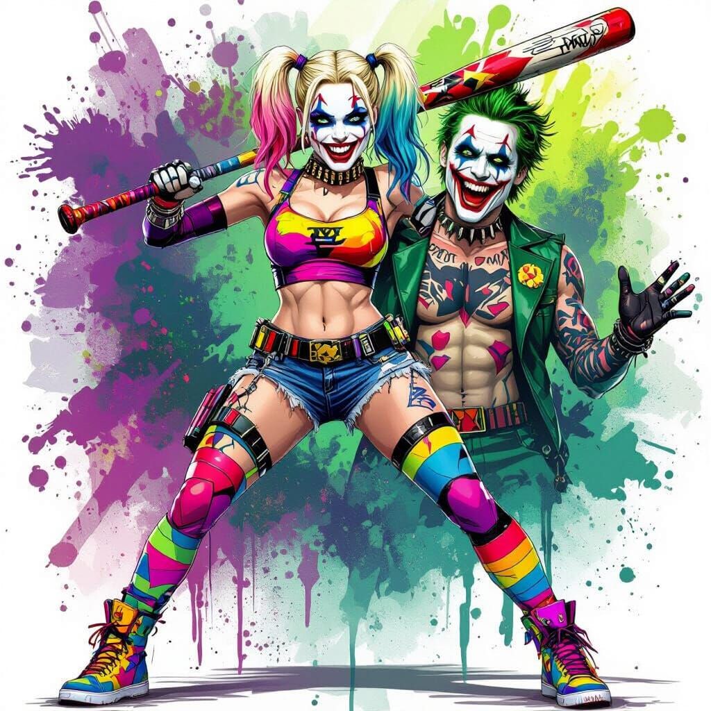 Harley Quinn and Joker in Chaotic Fantasy Art Style