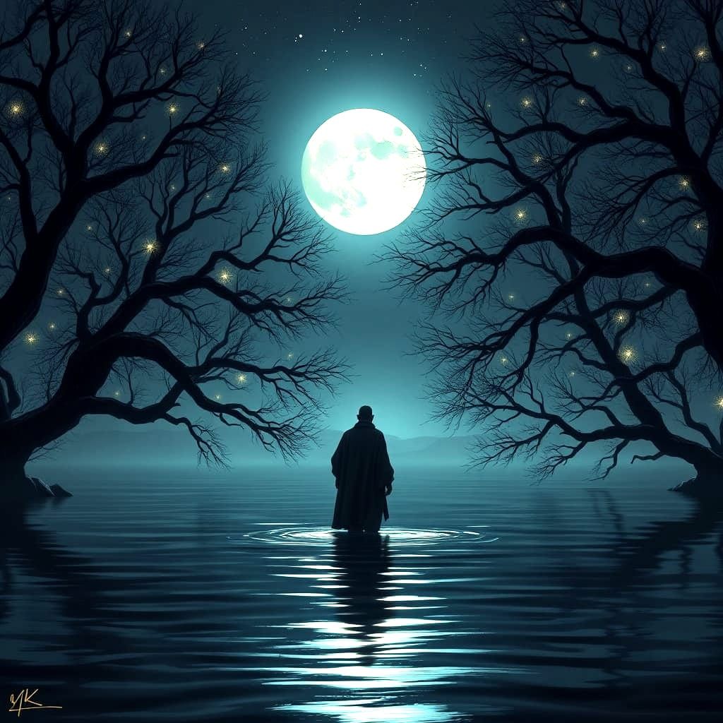 A serene night scene depicts a figure standing in calm waters under a full moon. Surrounding trees and shimmering stars ...