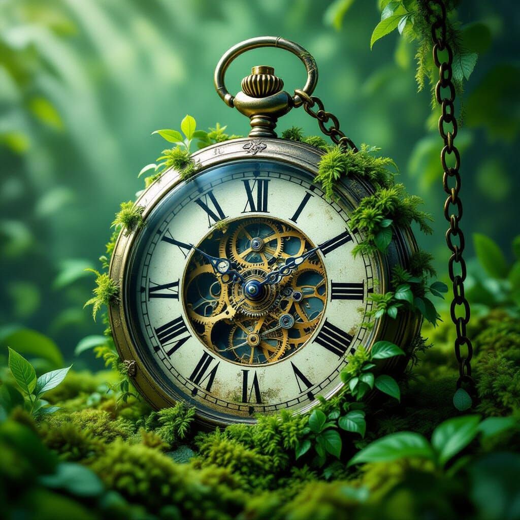 Surreal Pocket Watch with Lush Greenery
