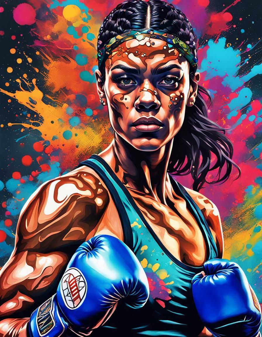 Female Boxer in Surreal Polychromatic Street Art Style
