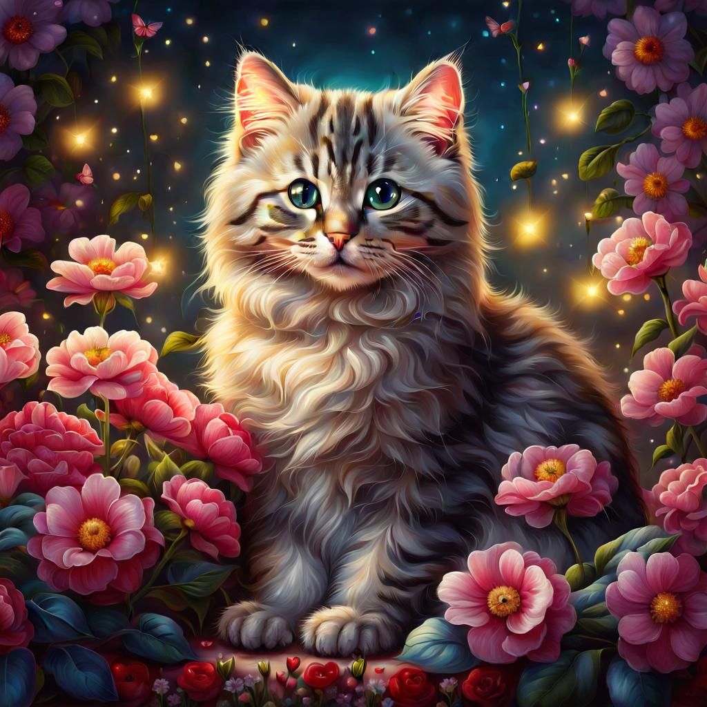 Cute Cat Surrounded by Flowers and Heart Lights