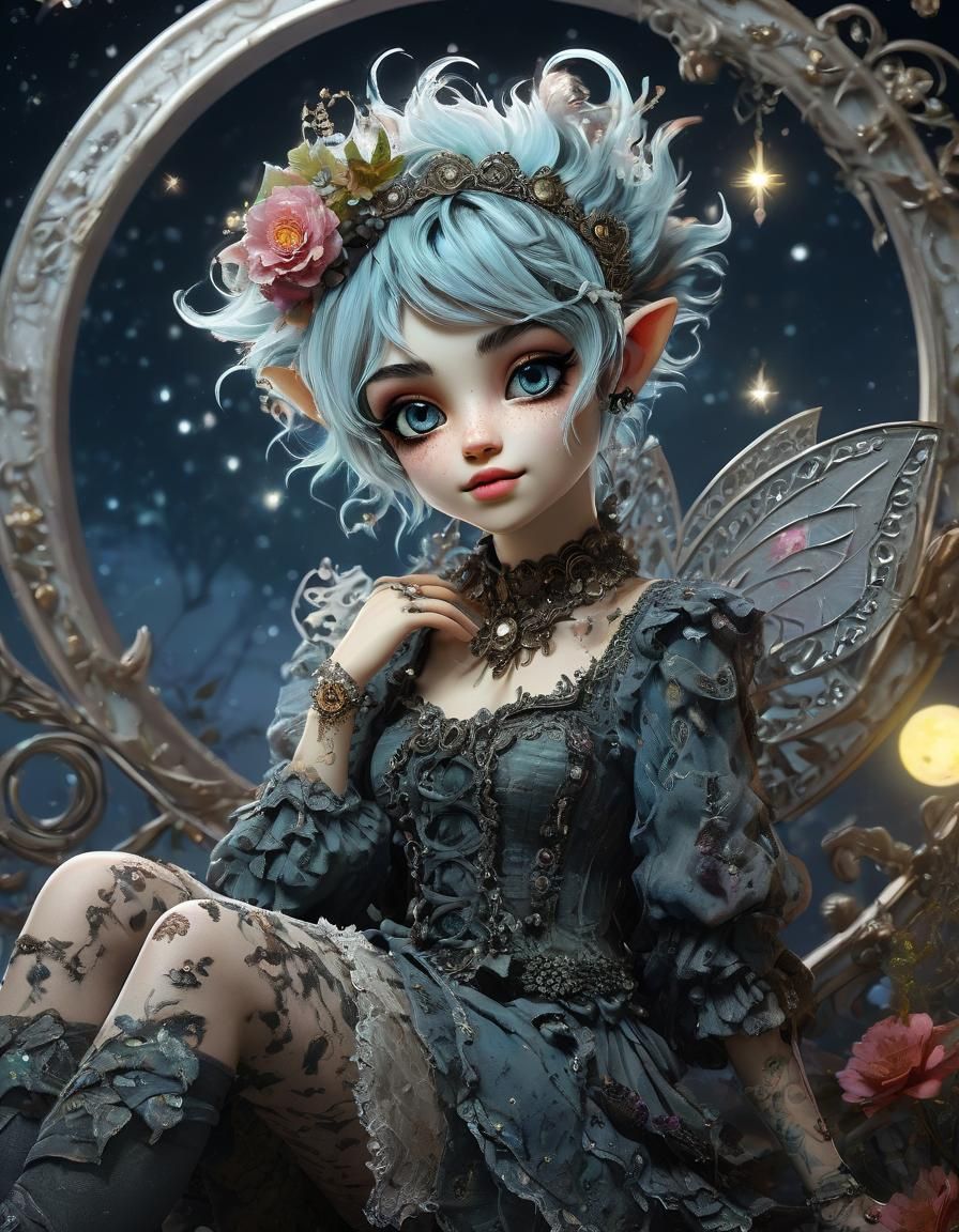 Whimsical Punk Pixie in Celestial Scene