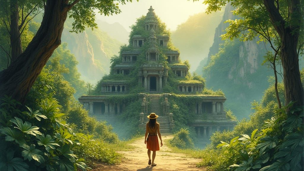 Explorer at Ancient Jungle Temple in Watercolor Style