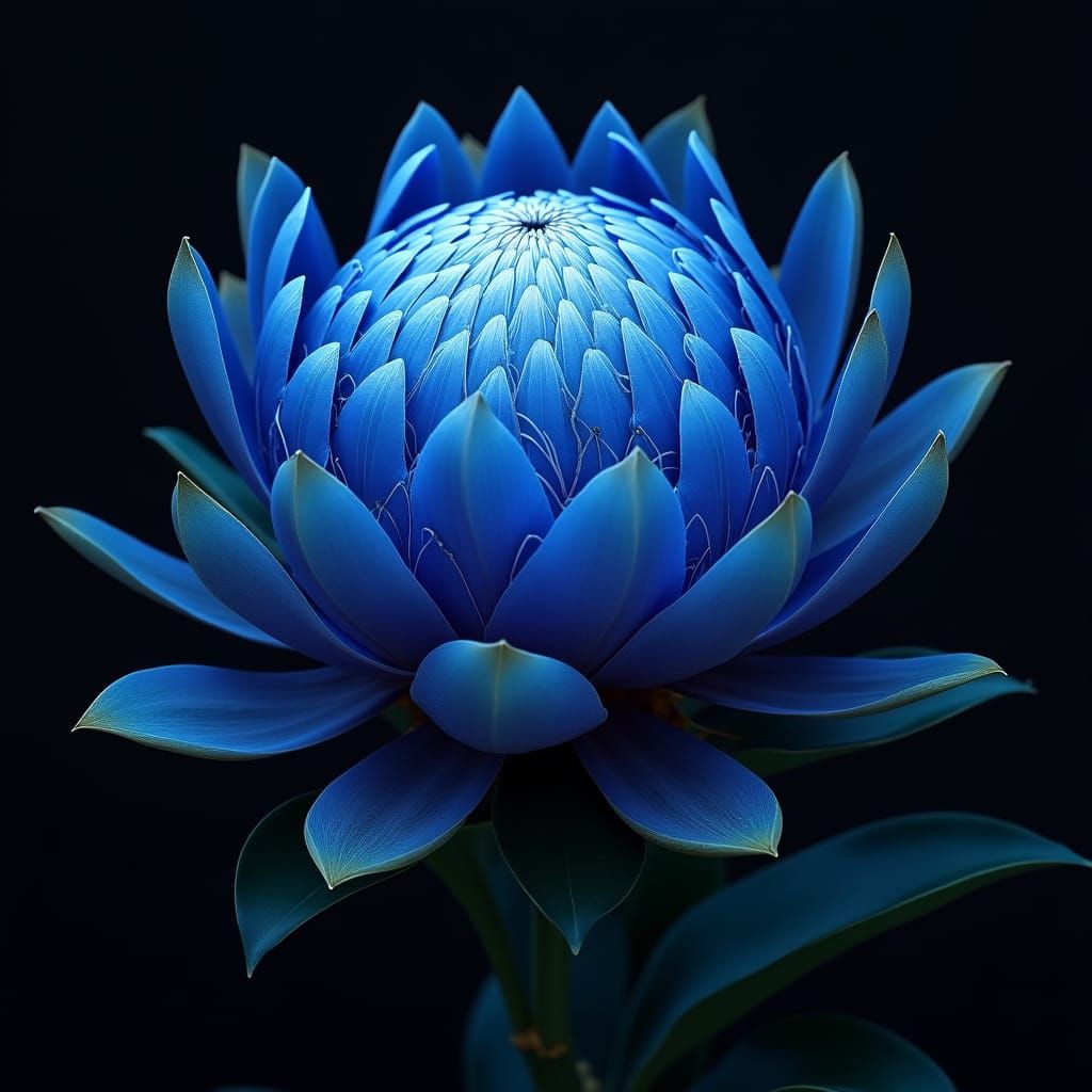 Ethereal Blue Protea in Mystical Black Night Sky
