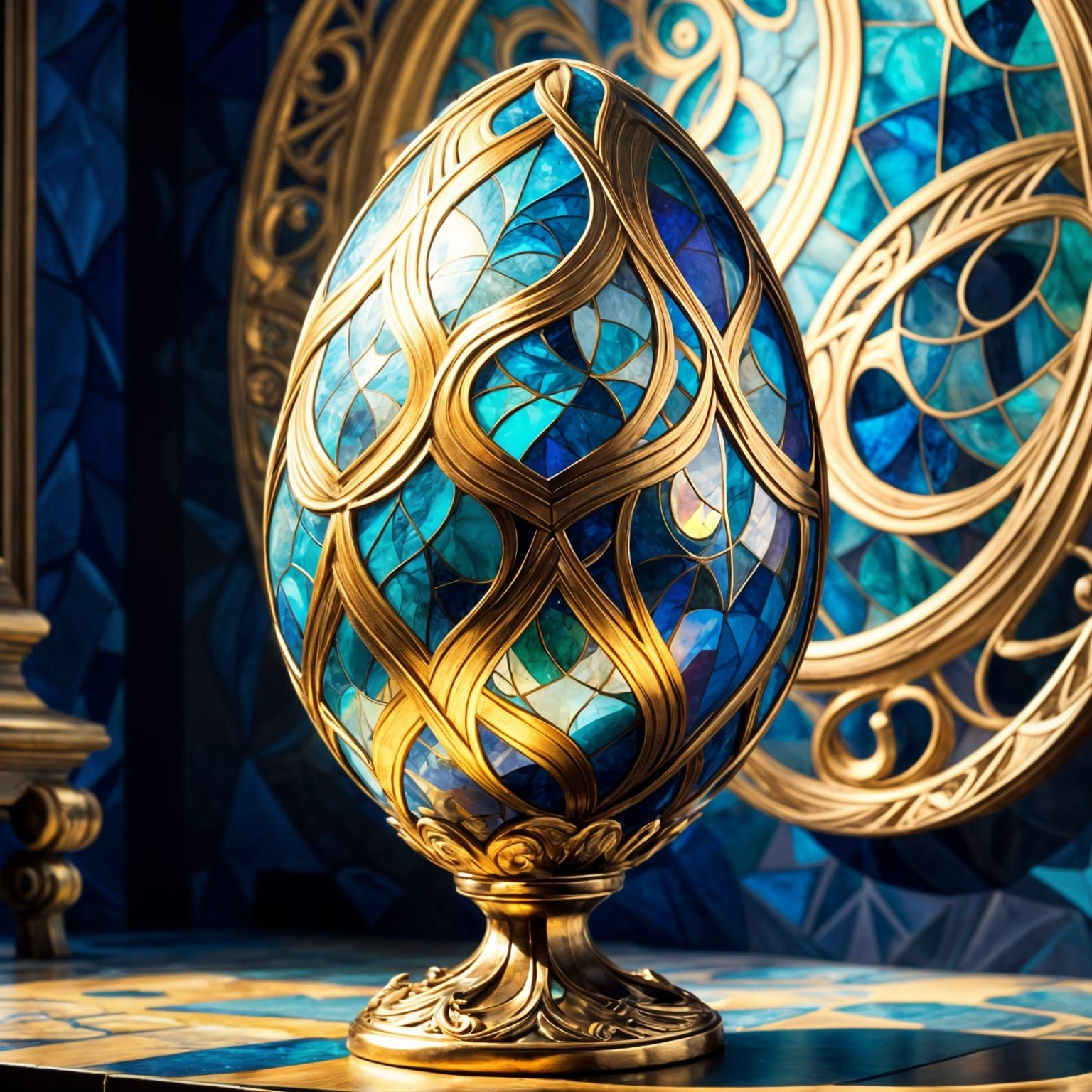 Œuf doré, finement orné, orné de délicats motifs tourbillonnants d'opales irisées et d'incrustations lumineuses de nacre...