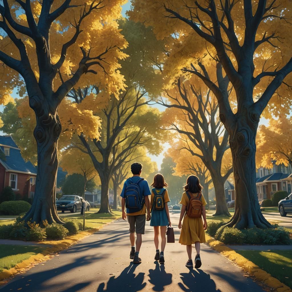 Children Walking to School: Fantasy Matte Painting